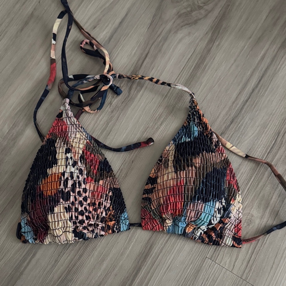 Smocked Triangle Bikini Top - Multicolor Abstract Print